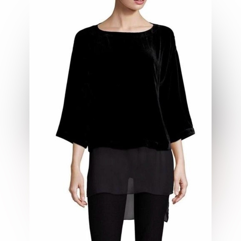 Eileen Fisher Bateau Neck Velvet‎ Silk Tunic Blouse Small Sheer High Low Black